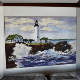 A09. Framed lighthouse watercolor signed Pauline Young. 